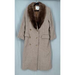 Vintage Coat Womens 10 Brown Plaid Trench Overcoat Alpaca Mohair Wool Faux Fur